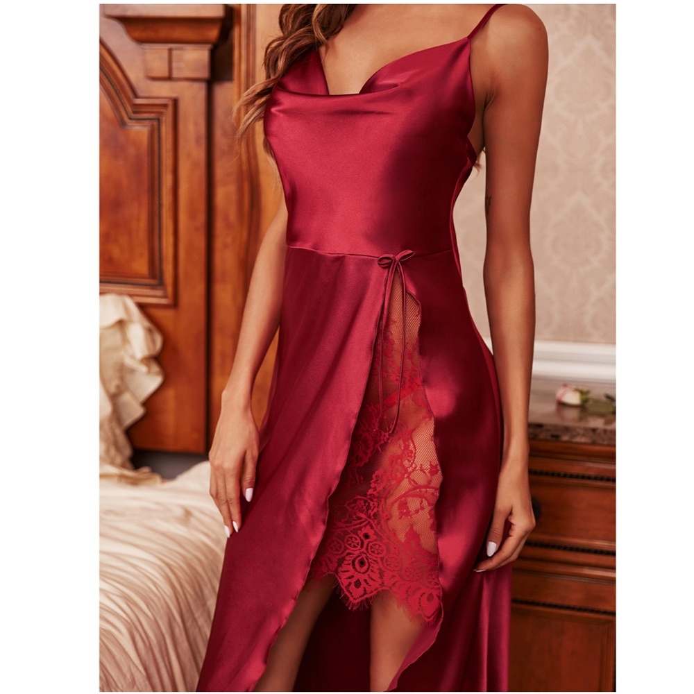 Burgundy Satin Lace Detail High Slit Night Slip - Picture 7 of 12
